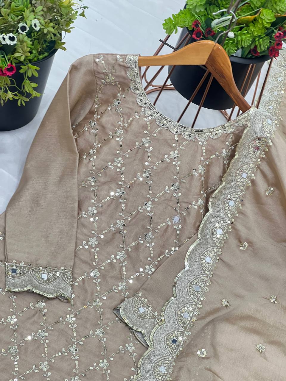 Elegant Chinnon Silk Beige Color Sharara Suit
