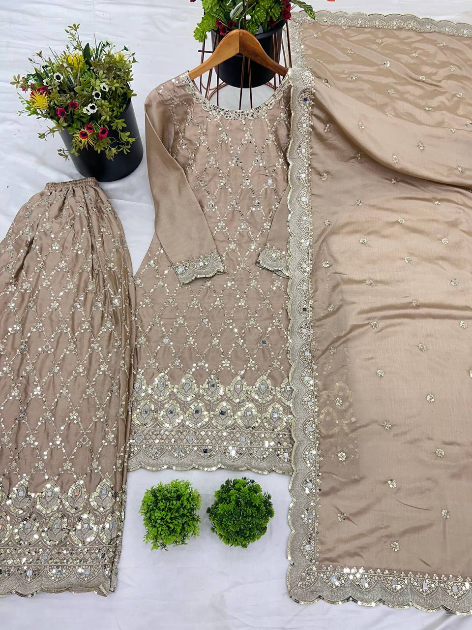 Elegant Chinnon Silk Beige Color Sharara Suit
