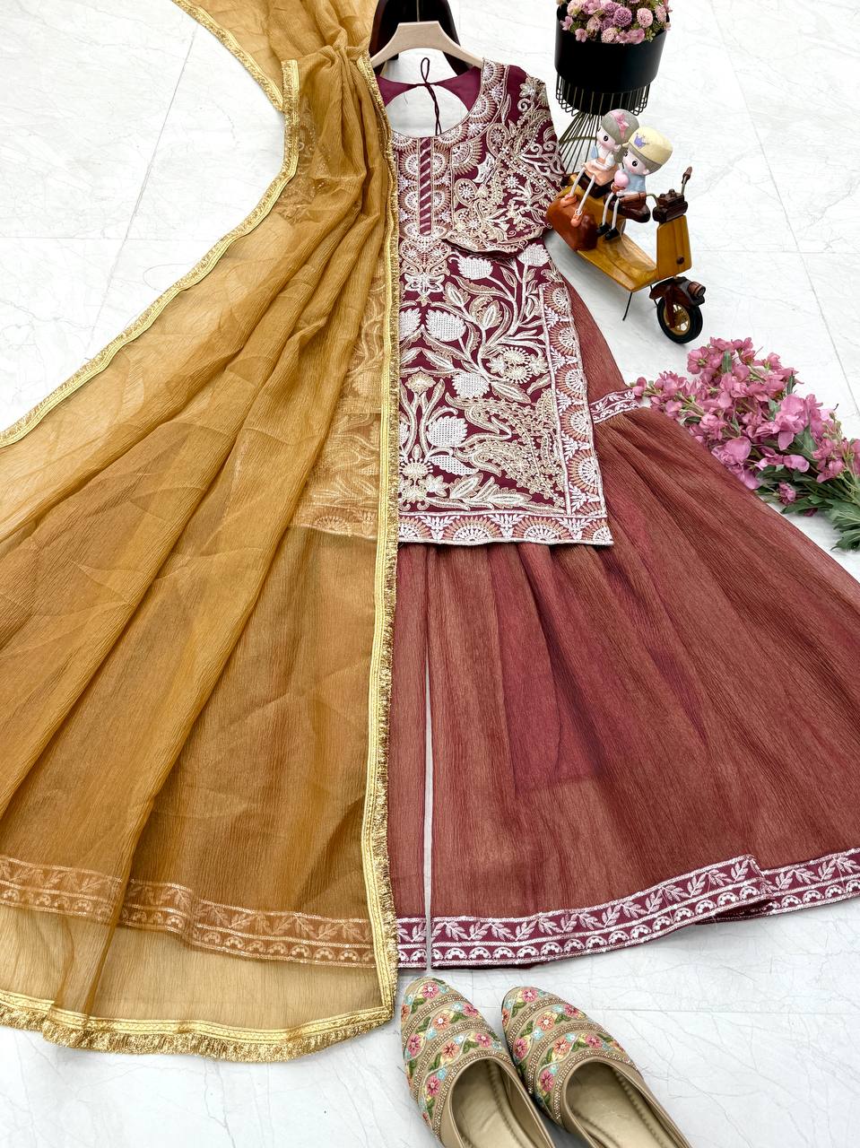 Exclusive Sequence Embroidery Work Mustard Color Palazzo Suit