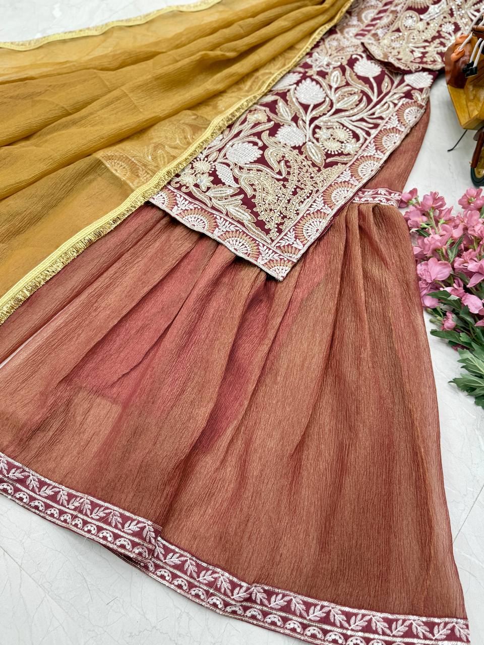 Exclusive Sequence Embroidery Work Mustard Color Palazzo Suit