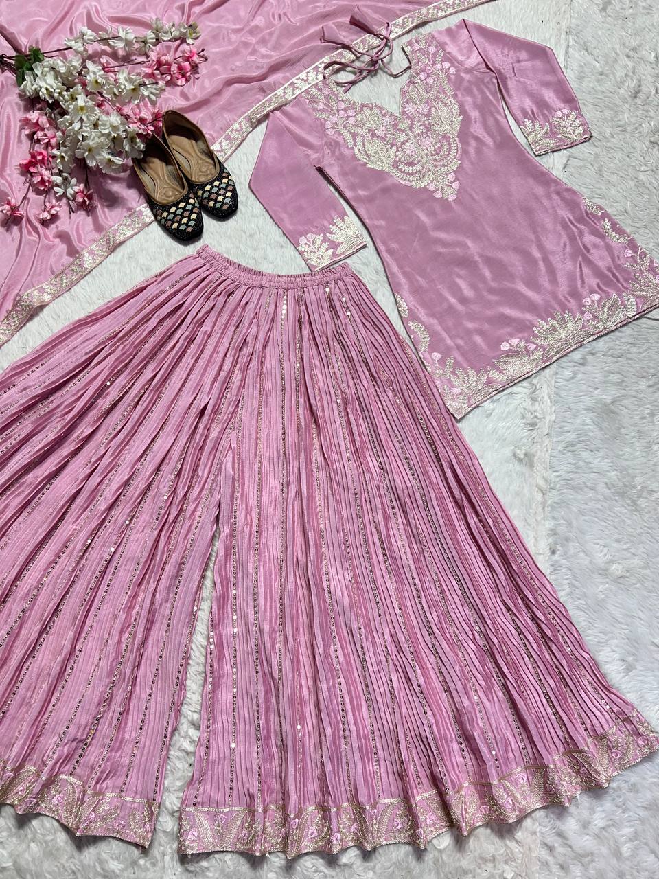 Glimmering Chinnon Silk Sequence Work Pink Color Sharara Suit