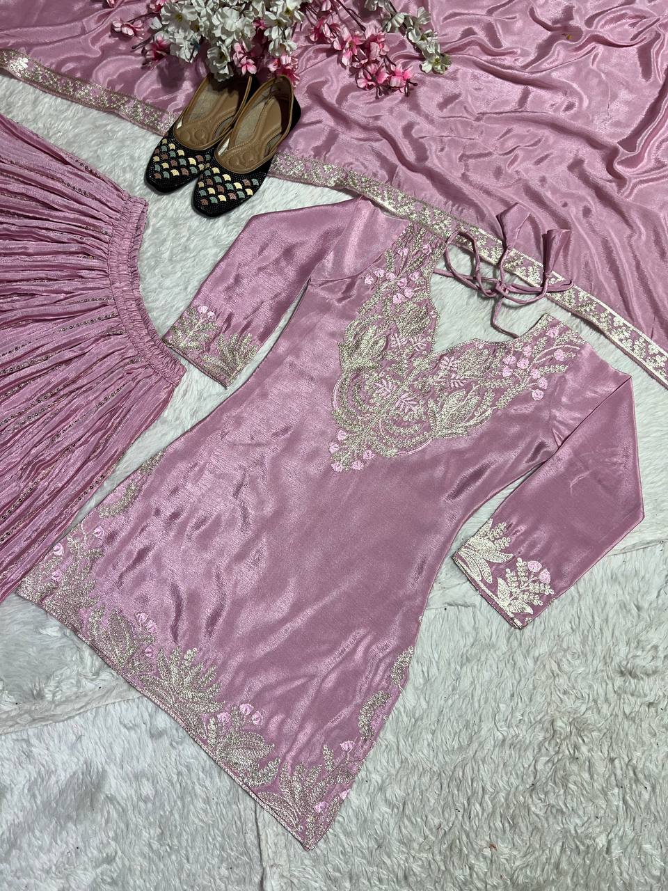 Glimmering Chinnon Silk Sequence Work Pink Color Sharara Suit