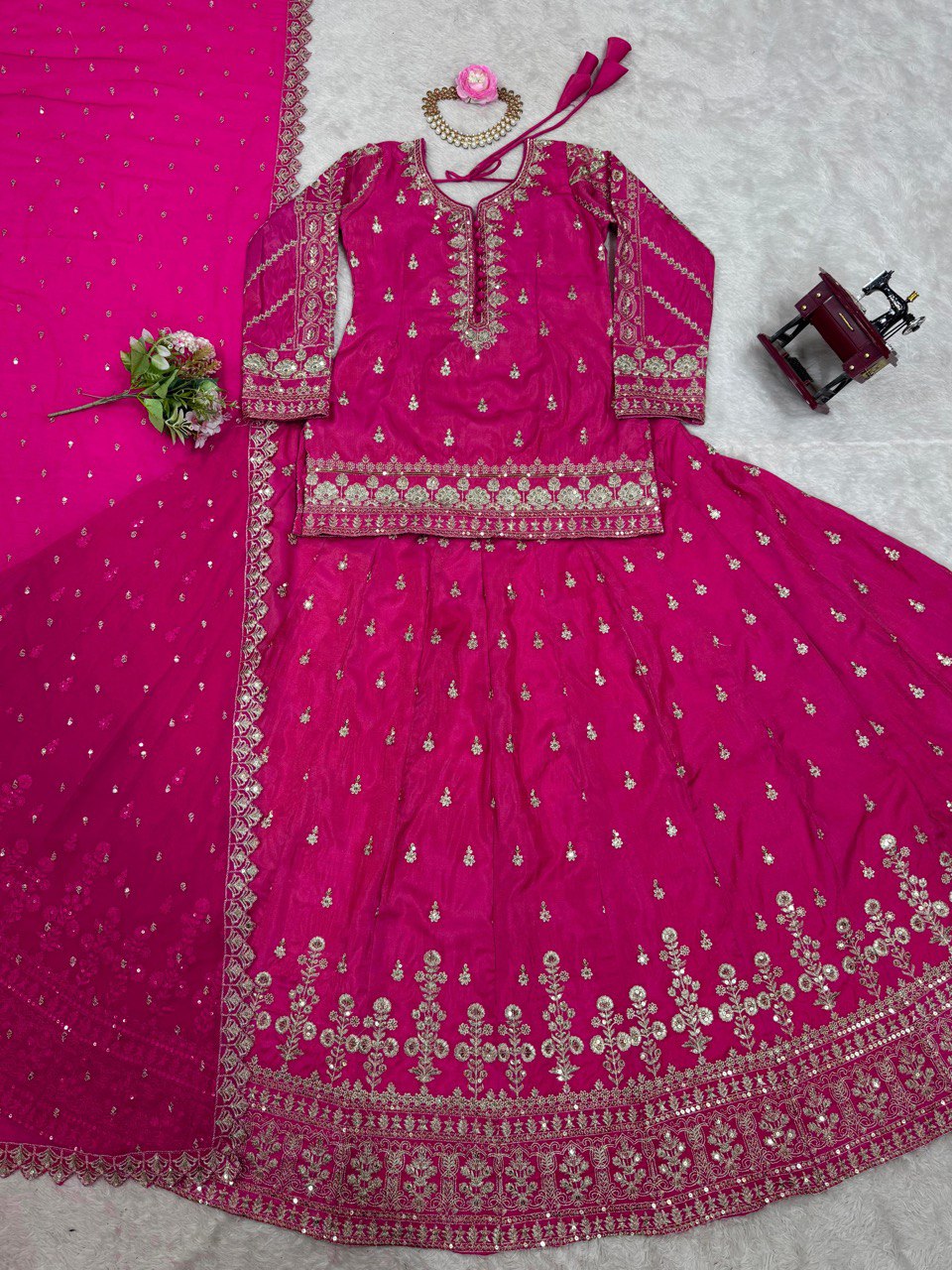Occasion Wear Simmer Silk Dark Pink Color Top With Lehenga