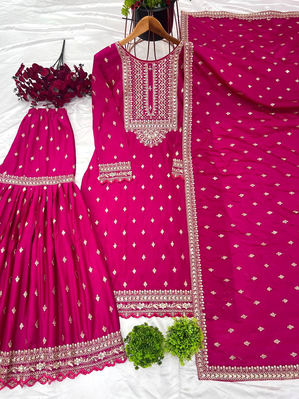 Shining Fully Stitched Pink Color Sharara Suit