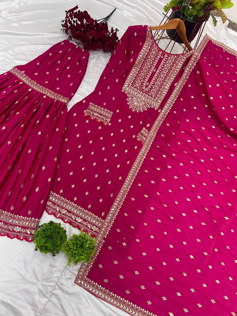 Shining Fully Stitched Pink Color Sharara Suit