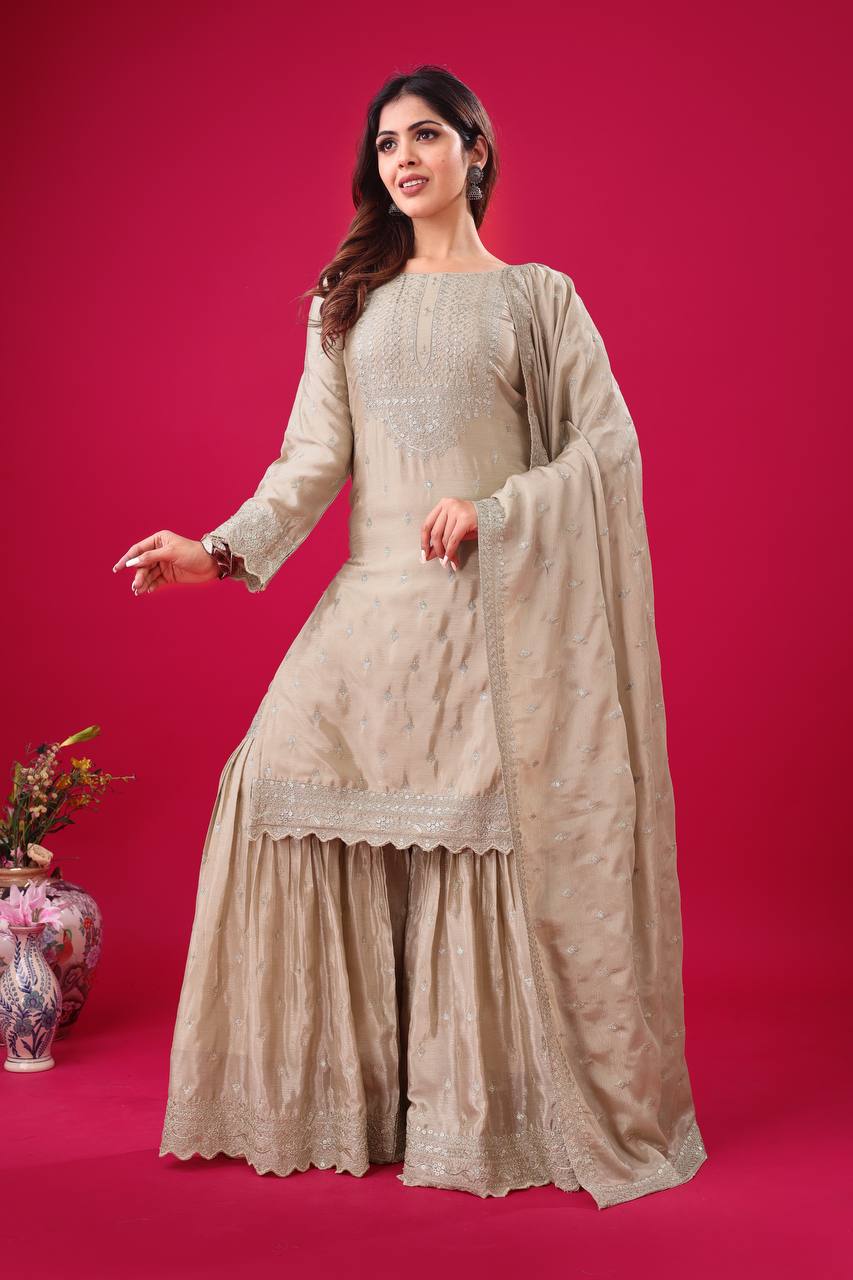 Shining Fully Stitched Beige Color Sharara Suit