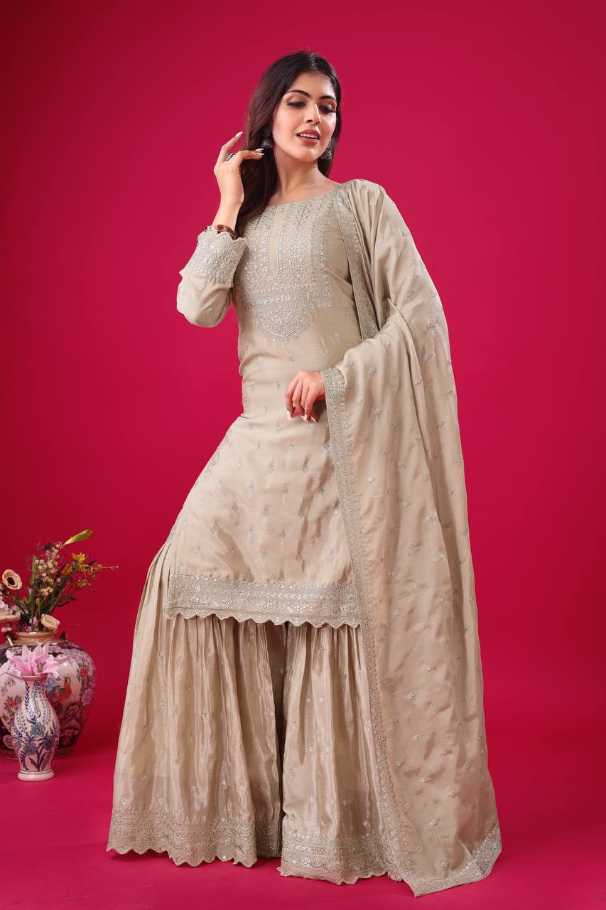 Heavy Embroidery Work Beige Color Sharara Suit