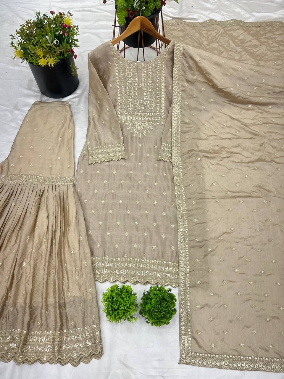 Heavy Embroidery Work Beige Color Sharara Suit