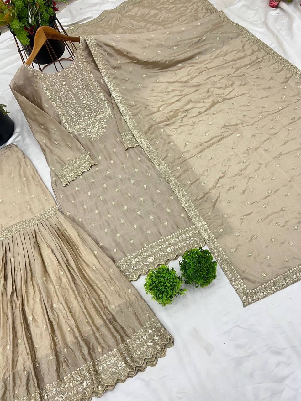 Shining Fully Stitched Beige Color Sharara Suit