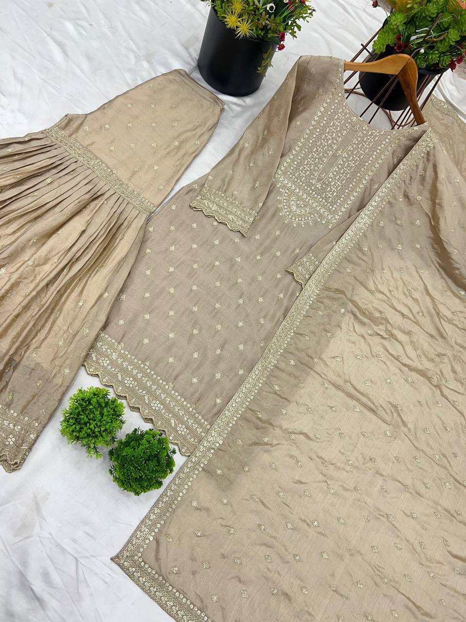 Shining Fully Stitched Beige Color Sharara Suit