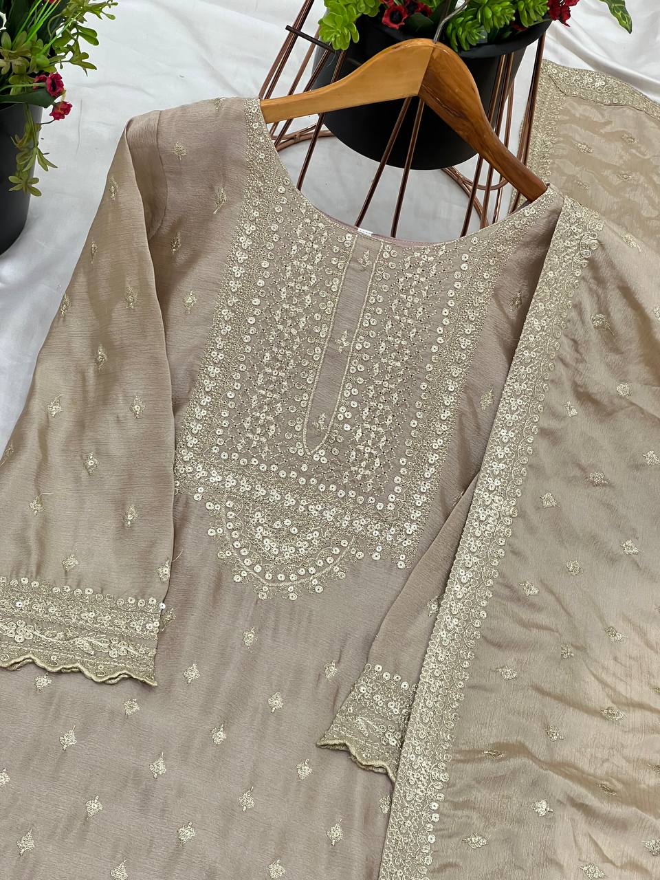 Heavy Embroidery Work Beige Color Sharara Suit