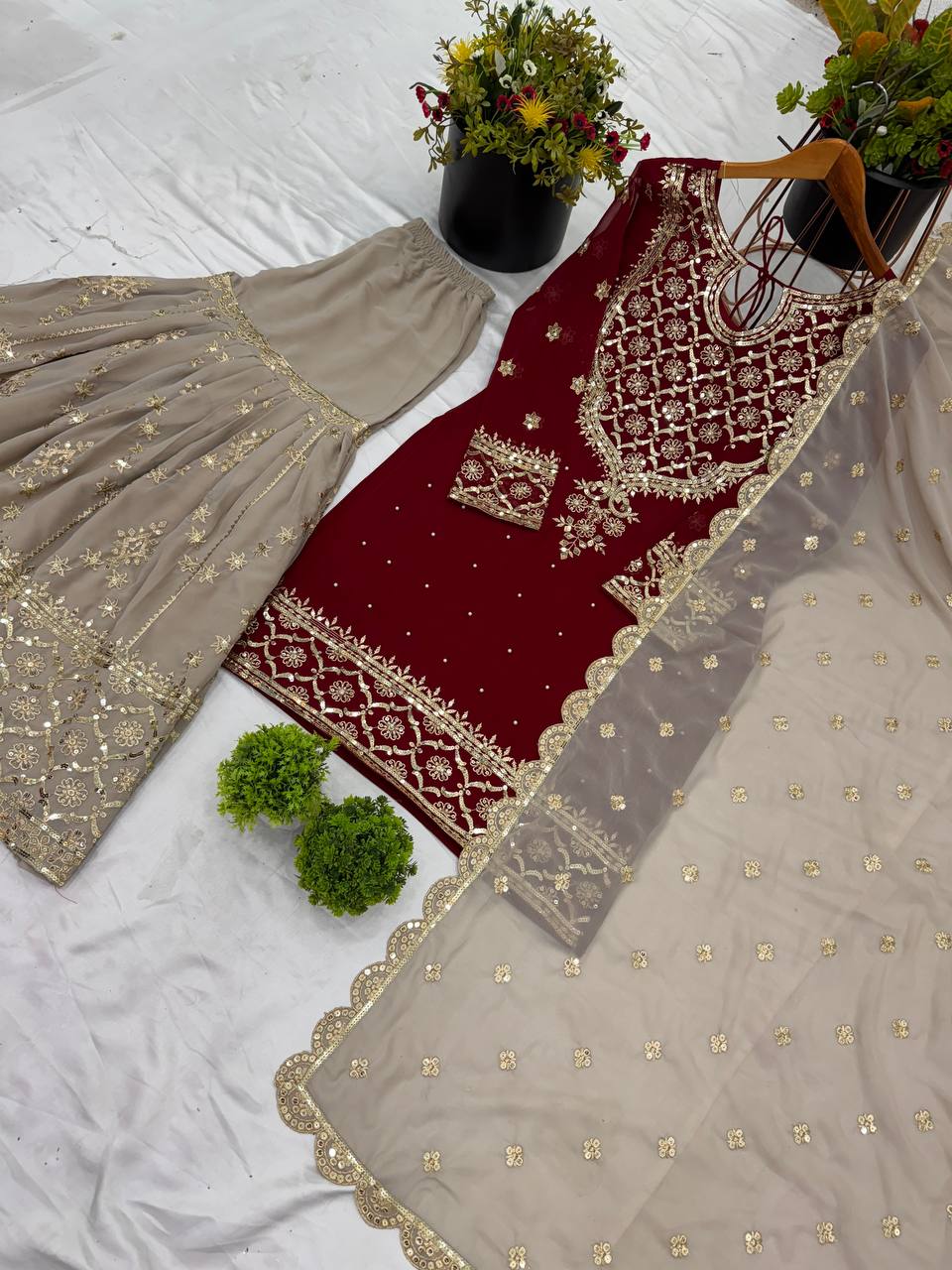 Presenting Embroidery Sequence Work Red Color Sharara Suit