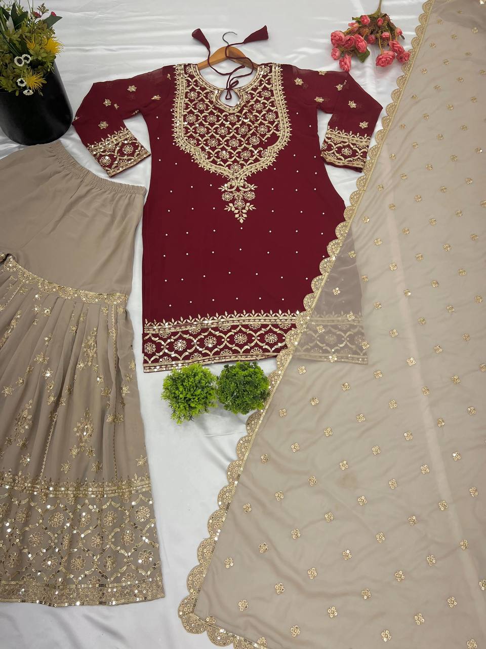 Presenting Embroidery Sequence Work Red Color Sharara Suit