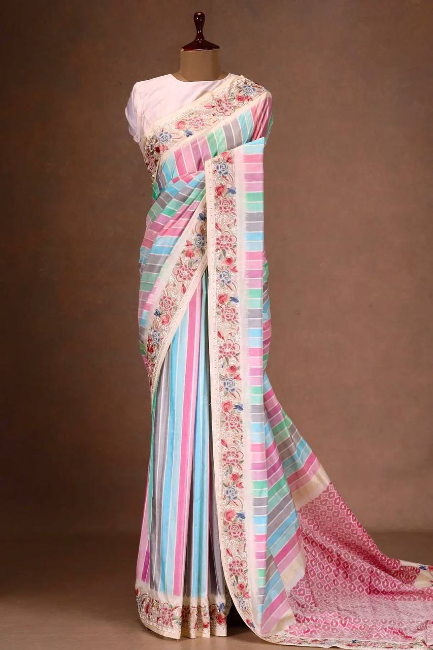 Function Wear Digital Prints With Work Multi Color Saree