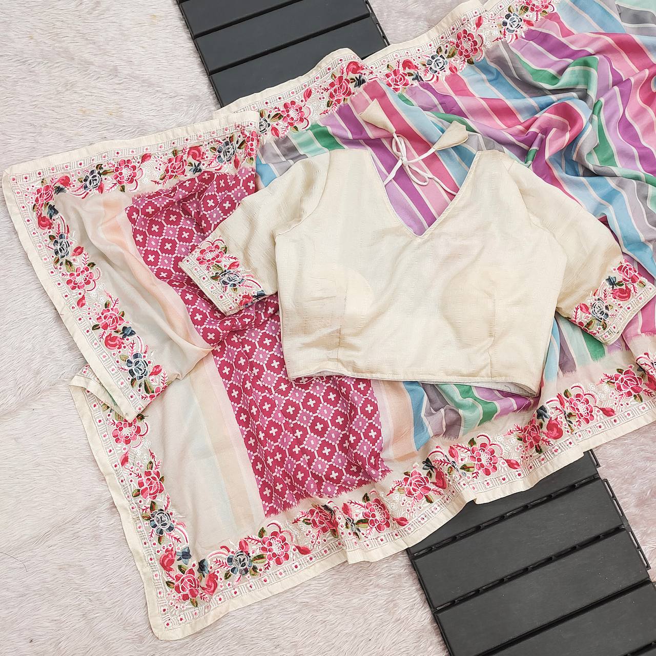 Function Wear Digital Prints With Work Multi Color Saree