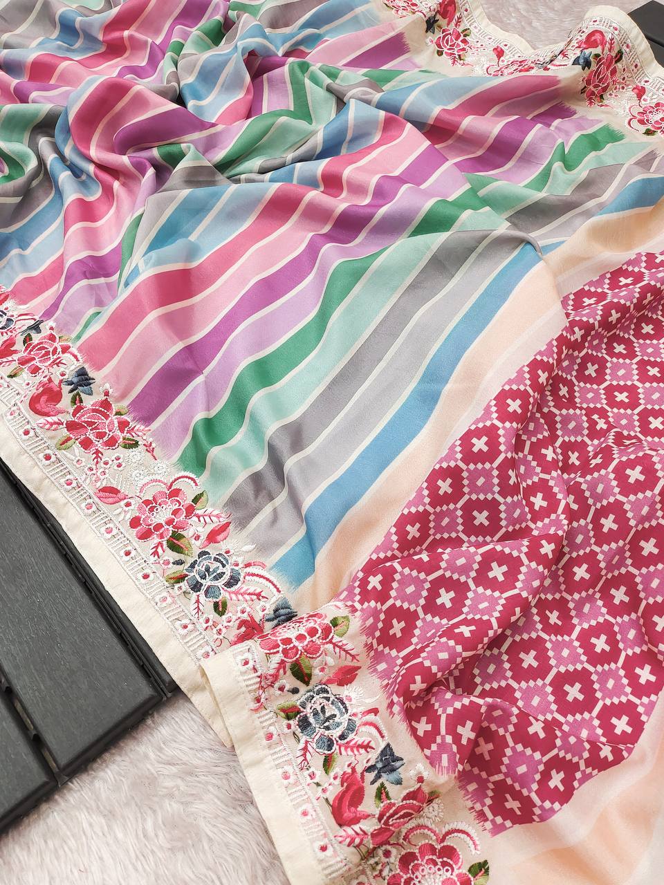 Function Wear Digital Prints With Work Multi Color Saree