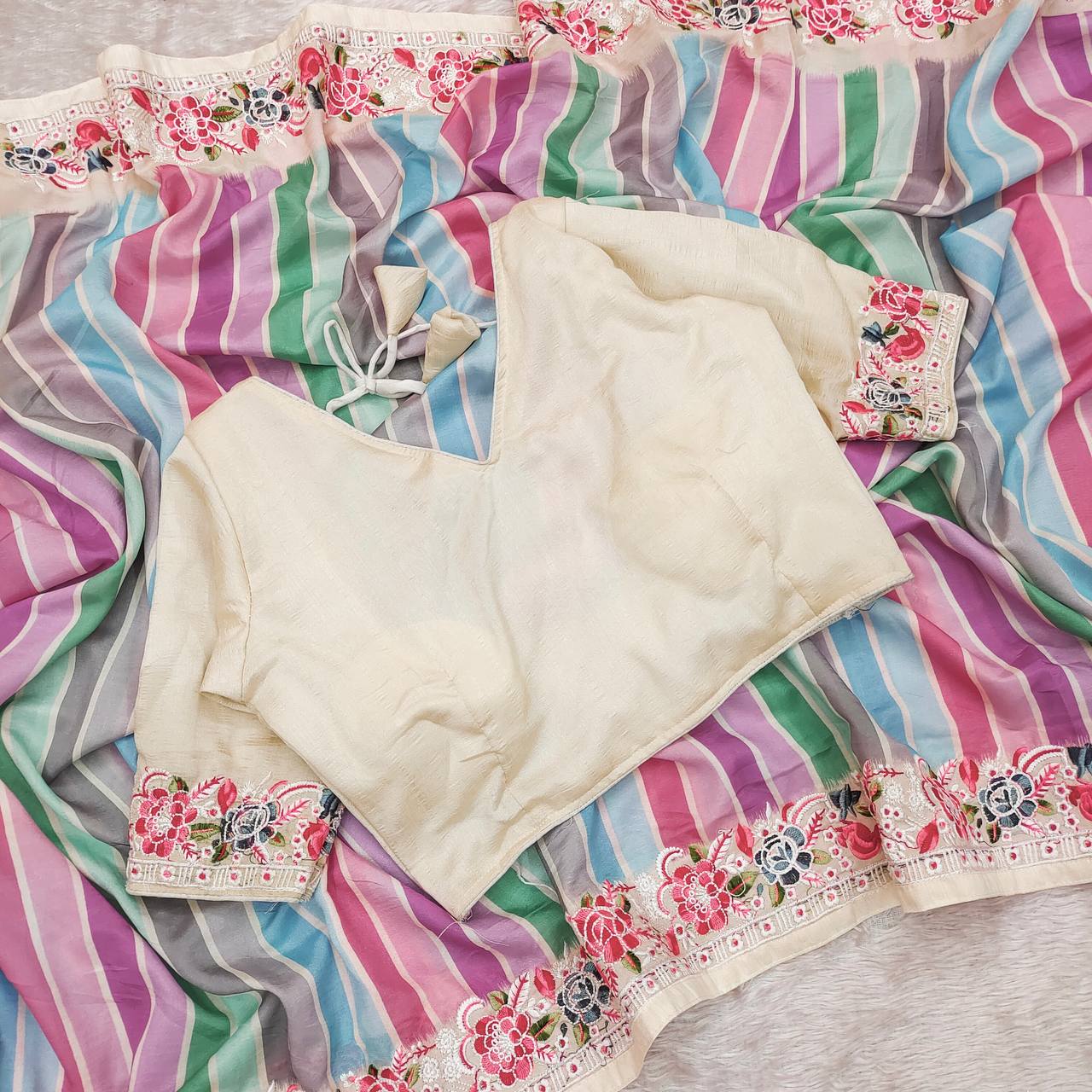 Function Wear Digital Prints With Work Multi Color Saree