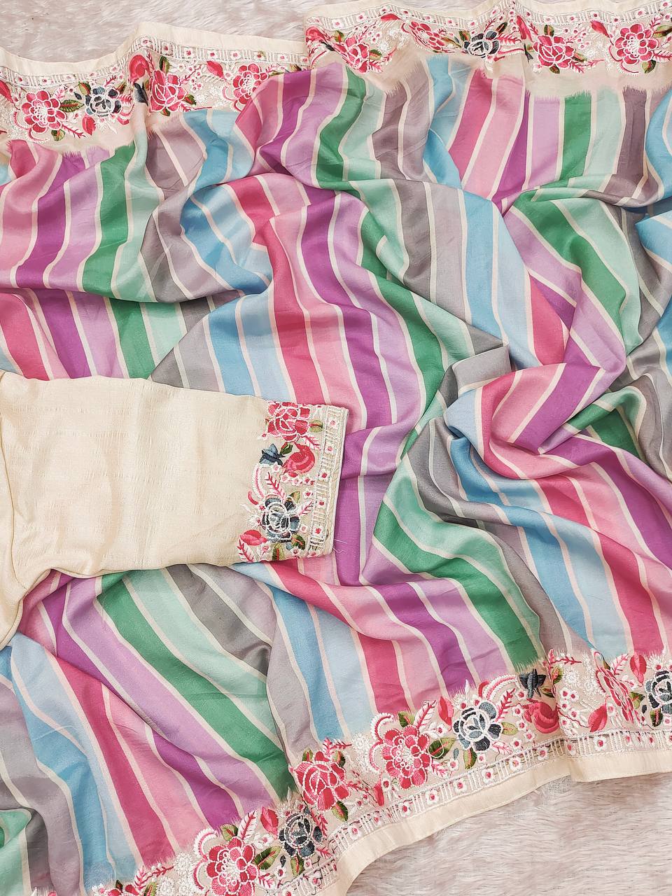 Function Wear Digital Prints With Work Multi Color Saree