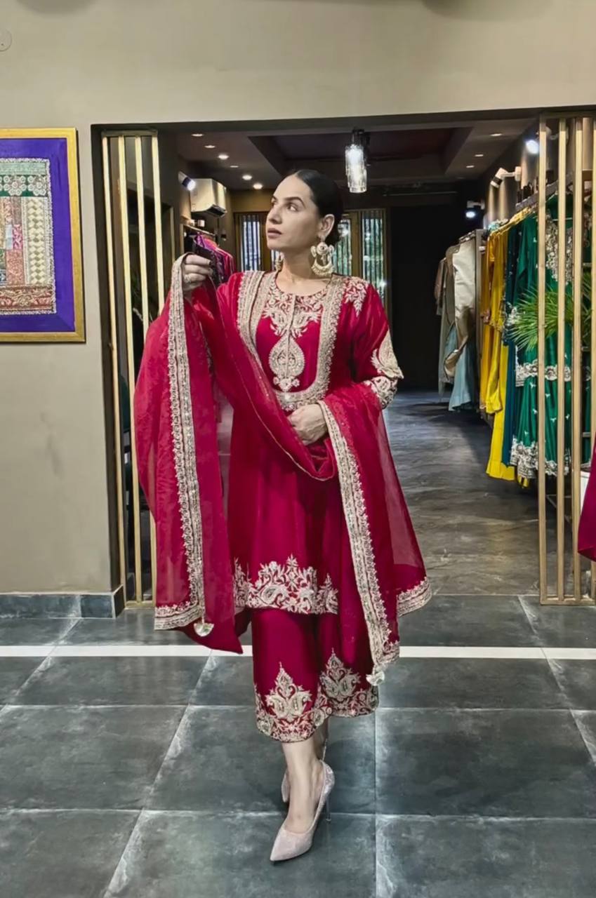Luxuriant Chinnon Sequence Work Red Color Salwar Suit