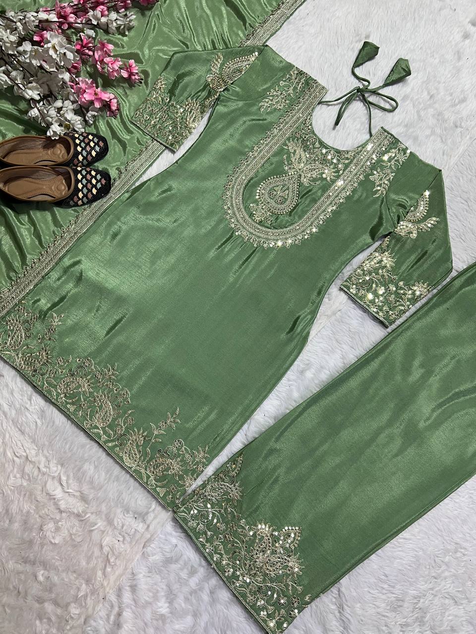 Luxuriant Chinnon Sequence Work Green Color Salwar Suit