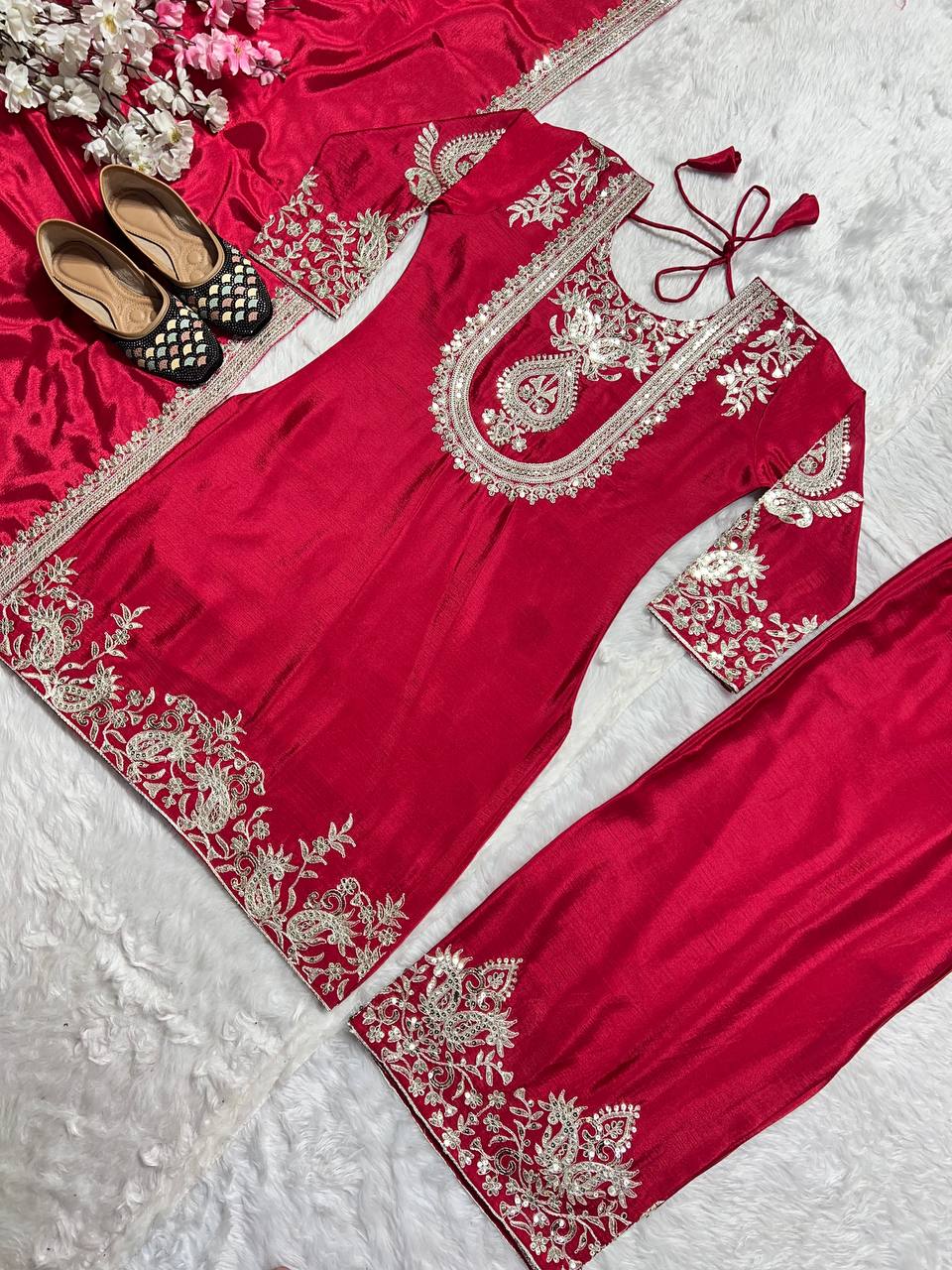 Luxuriant Chinnon Sequence Work Red Color Salwar Suit