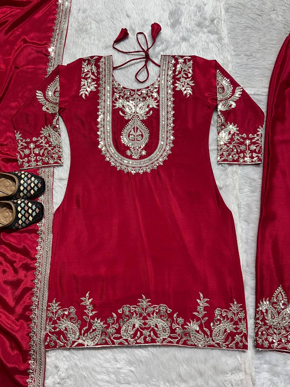 Luxuriant Chinnon Sequence Work Red Color Salwar Suit