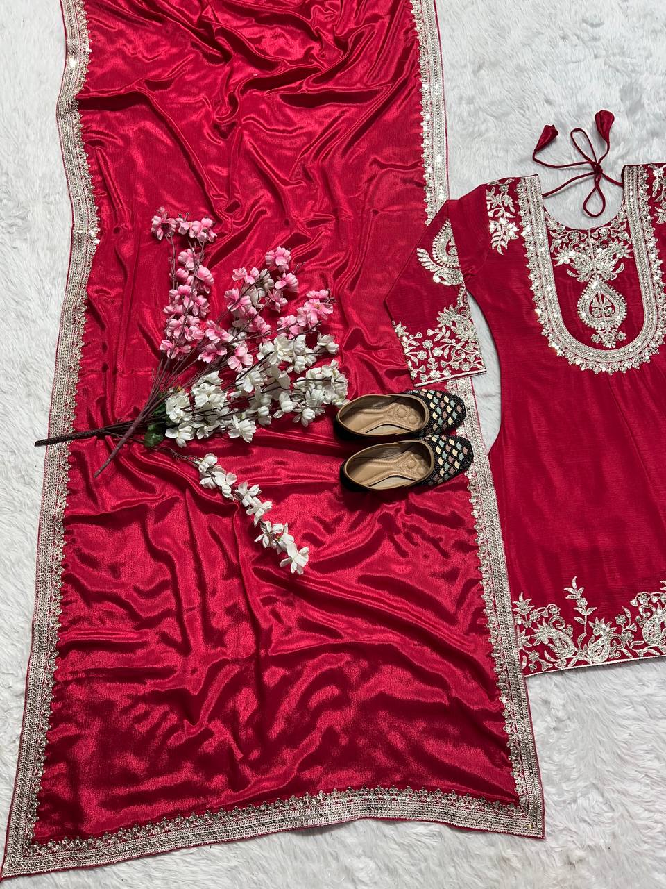 Luxuriant Chinnon Sequence Work Red Color Salwar Suit