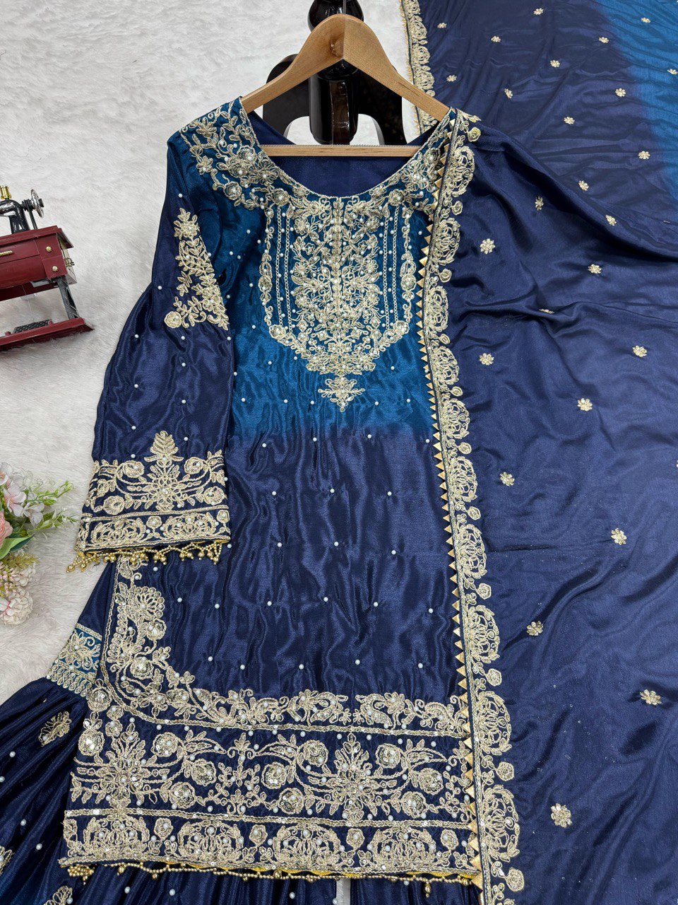 Glimmering Chinon Silk Double Shade Navy Blue Multi Color Sharara Suit