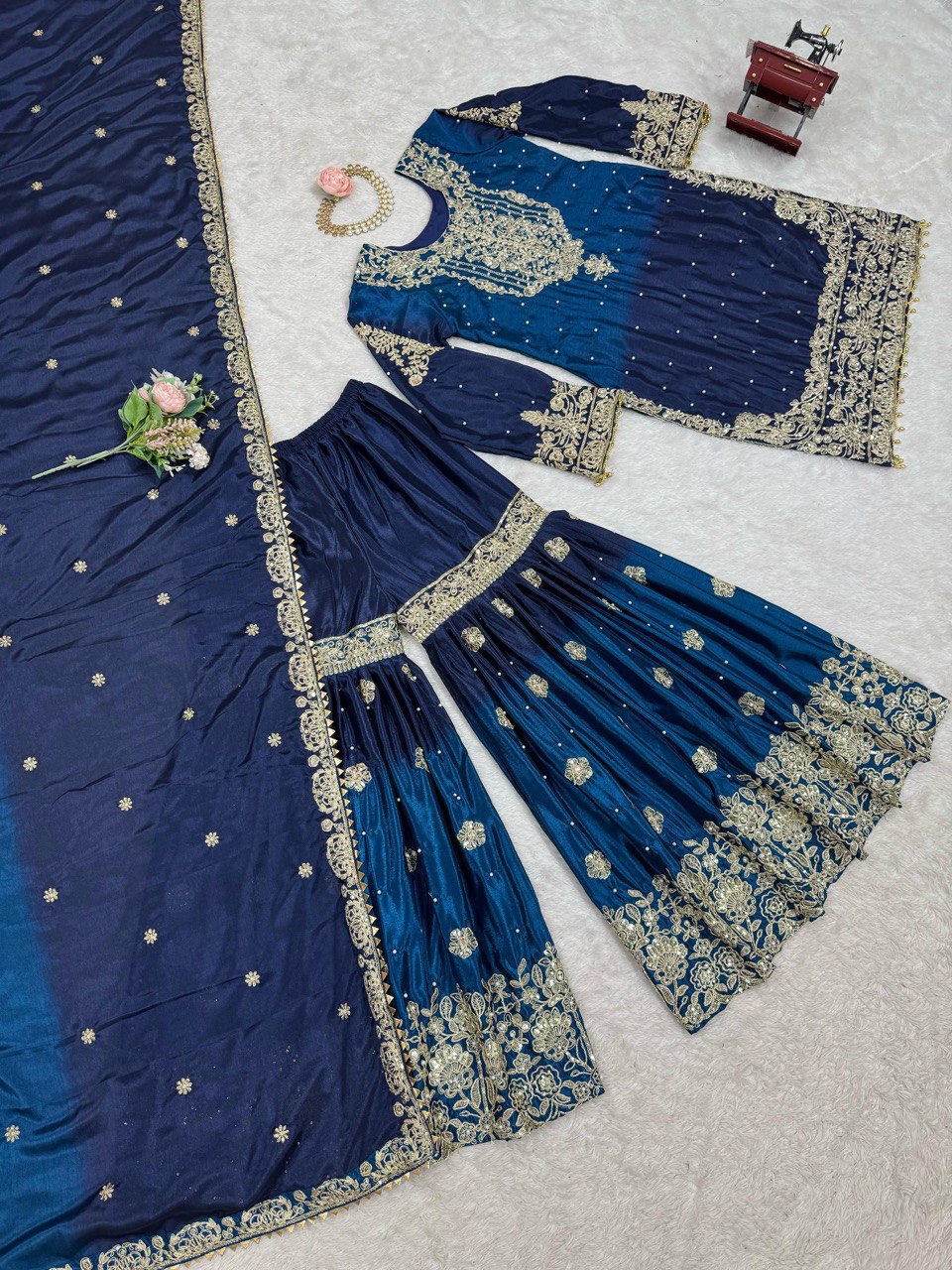Glimmering Chinon Silk Double Shade Navy Blue Multi Color Sharara Suit