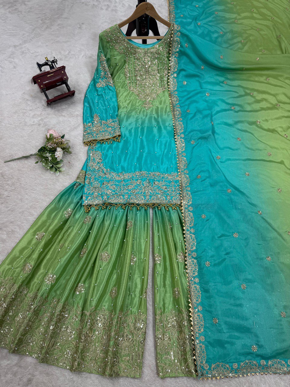 Glimmering Chinon Silk Double Shade Green Multi Color Sharara Suit