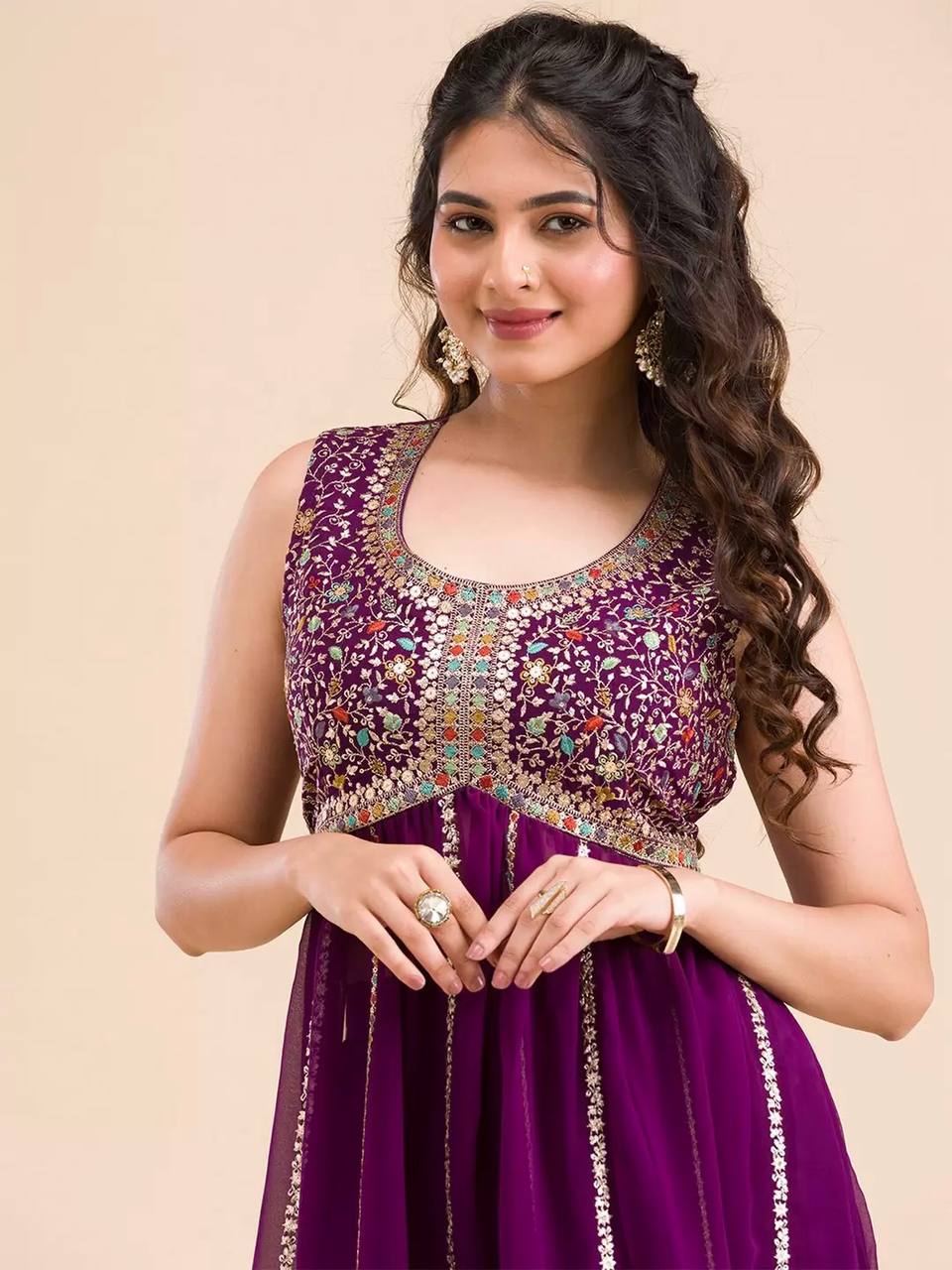 Flattering Wine Color Thread Work Palazzo Suit