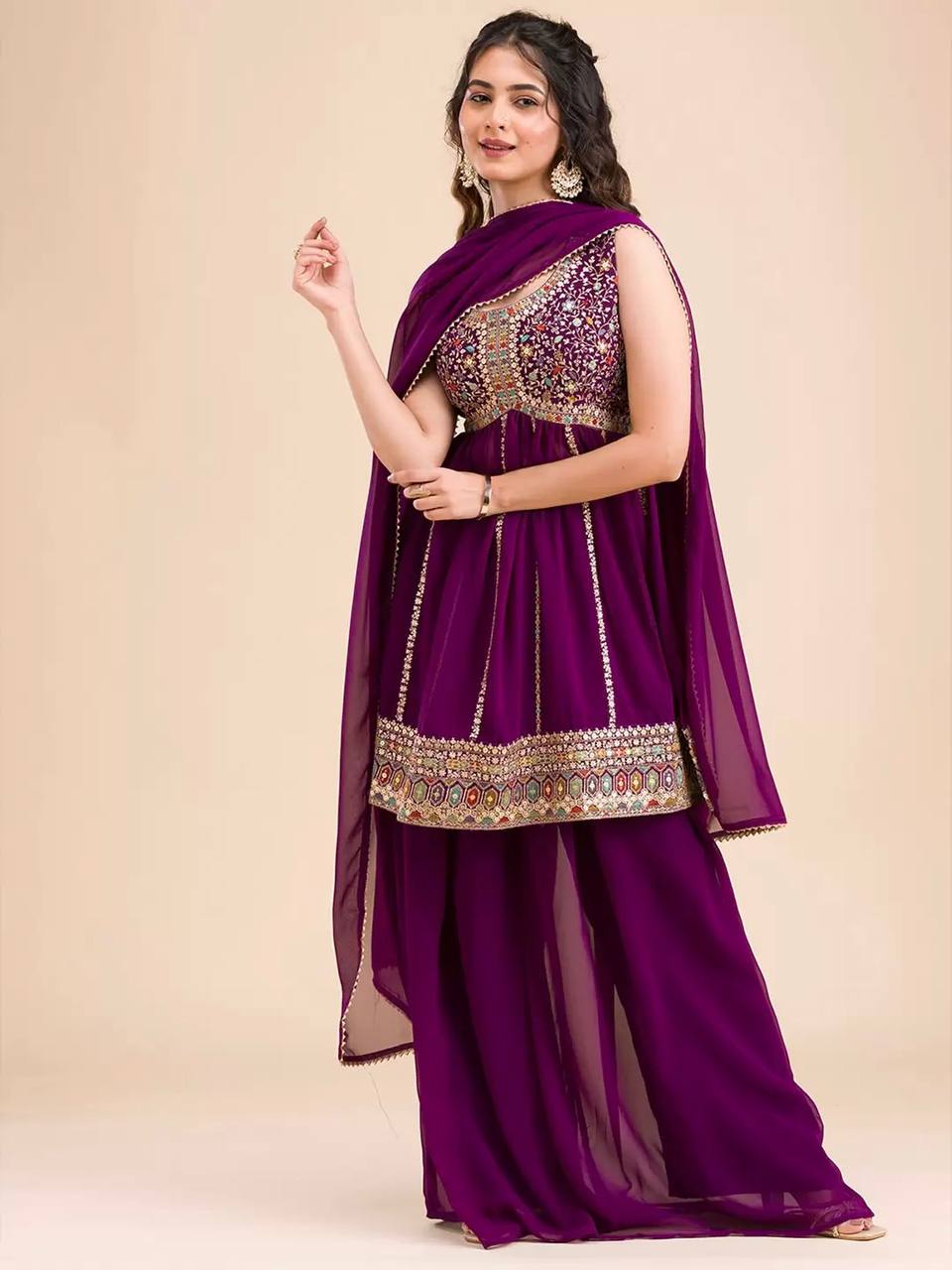 Flattering Wine Color Thread Work Palazzo Suit