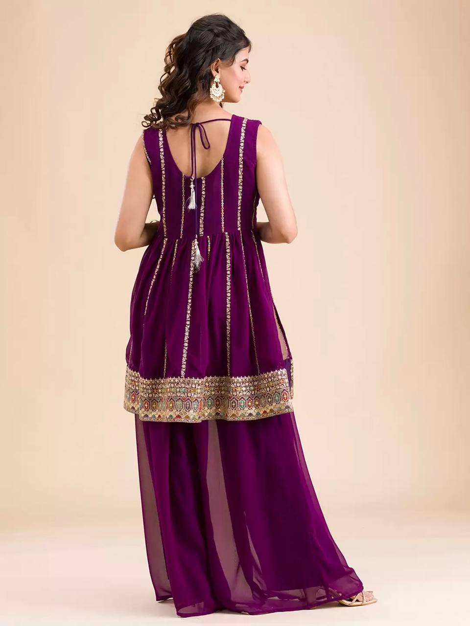 Flattering Wine Color Thread Work Palazzo Suit