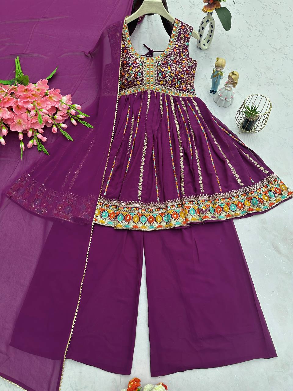 Flattering Wine Color Thread Work Palazzo Suit