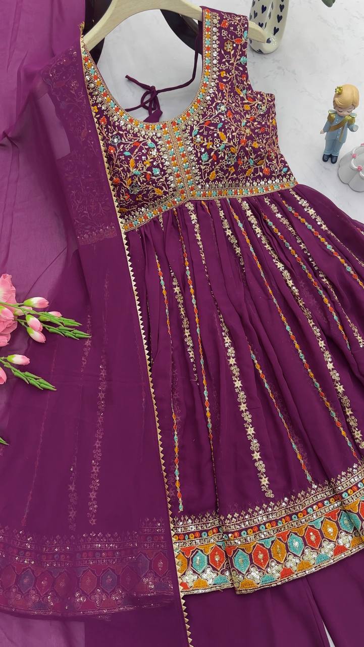 Flattering Wine Color Thread Work Palazzo Suit