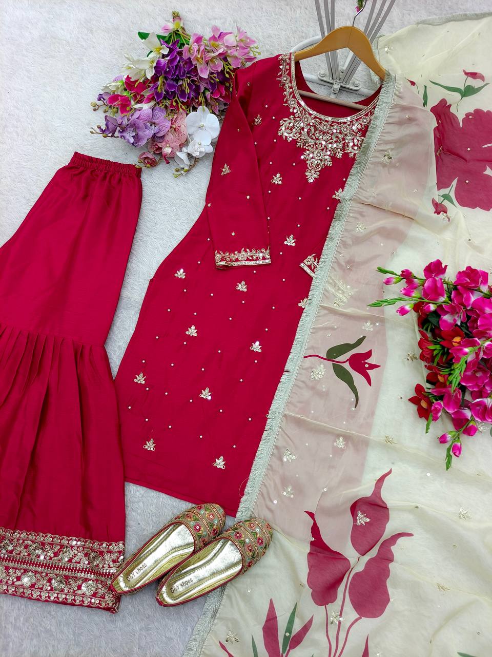 Adorable Embroidery Work Red Color Sharara Suit
