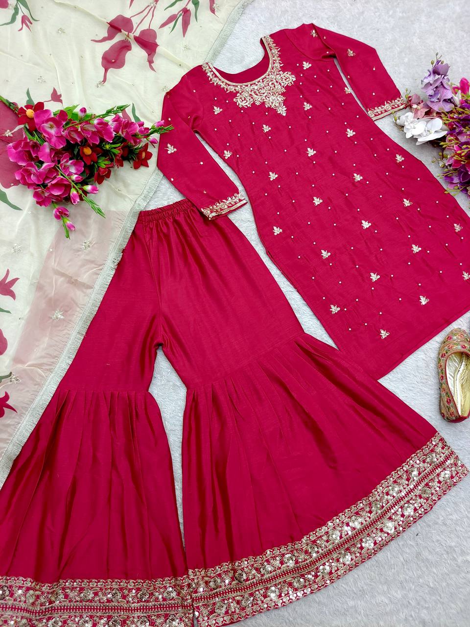 Adorable Embroidery Work Red Color Sharara Suit
