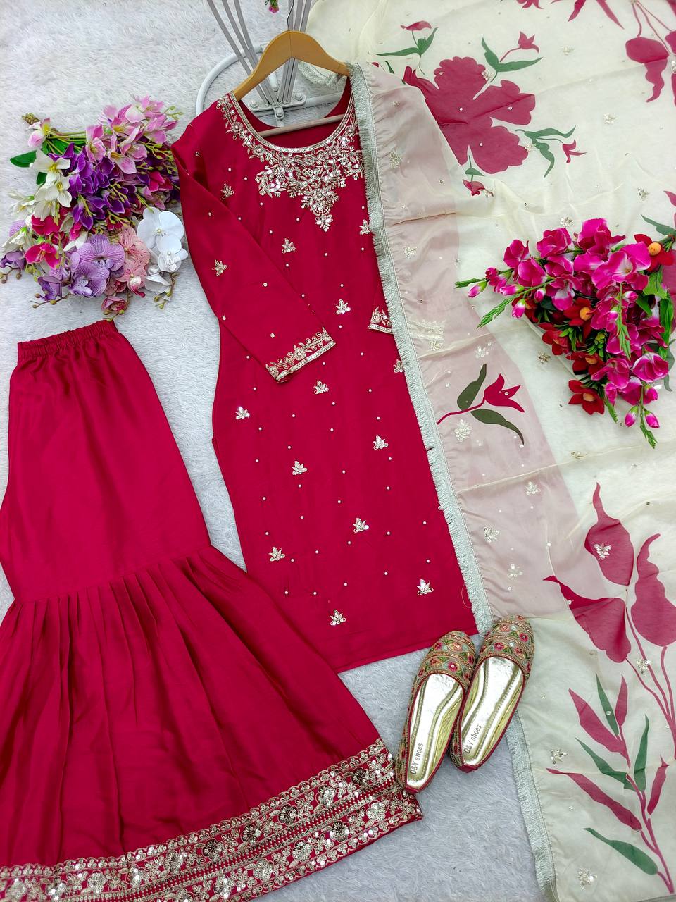Adorable Embroidery Work Red Color Sharara Suit