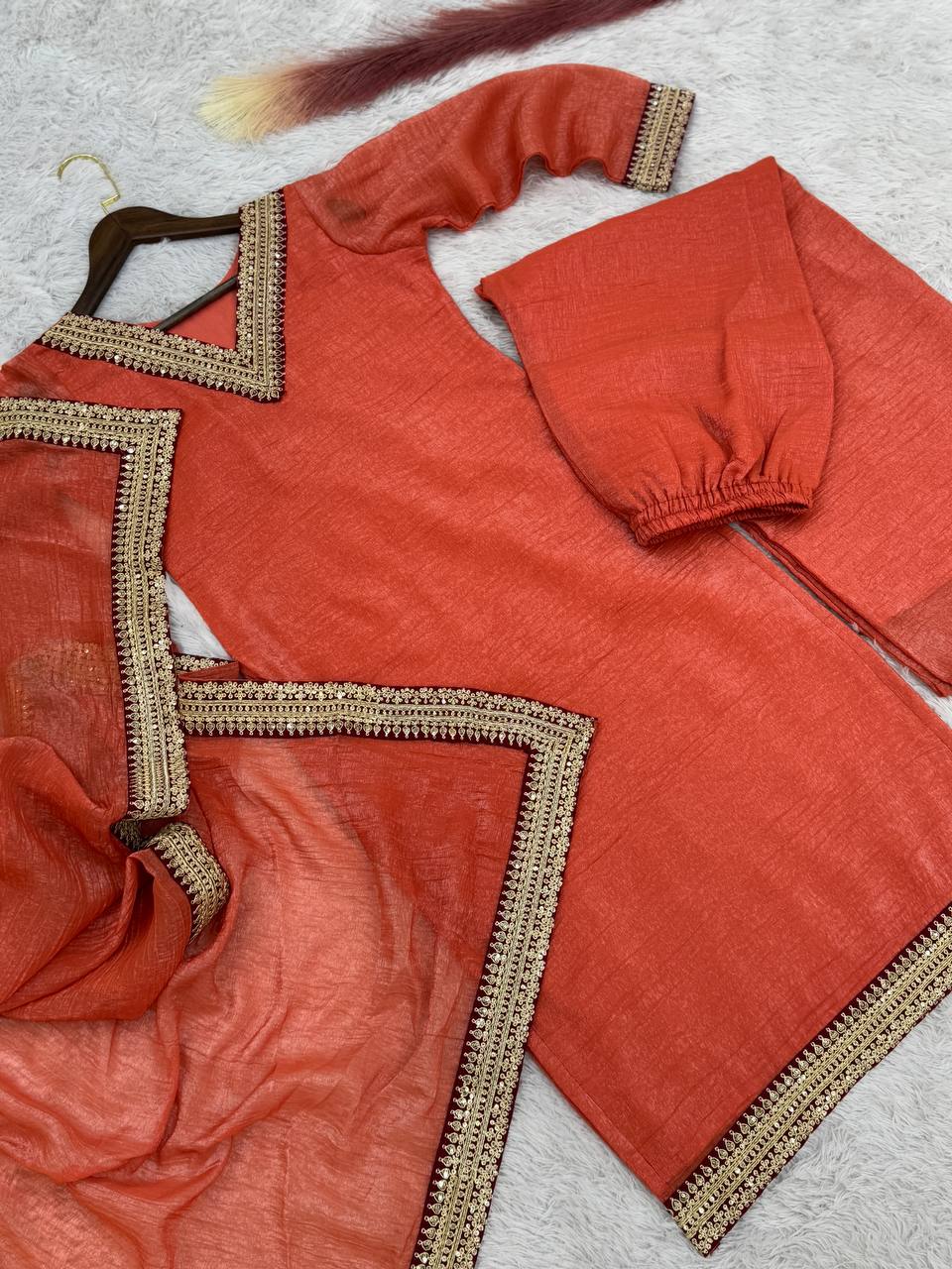 Outstanding Soft Gold Crush Silk Orange Color Palazo Suit