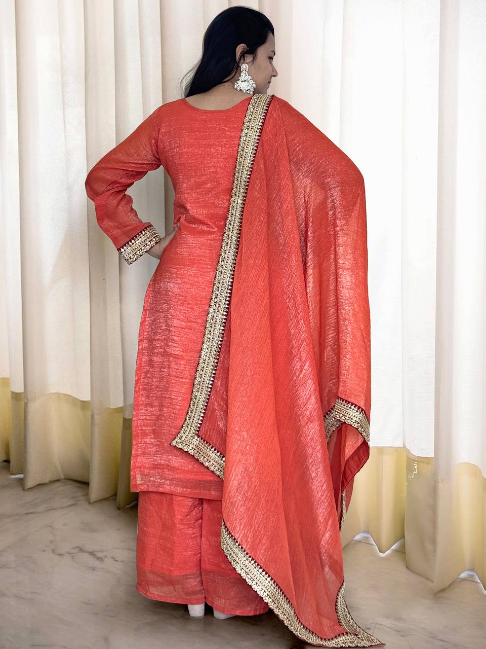 Outstanding Soft Gold Crush Silk Orange Color Palazo Suit
