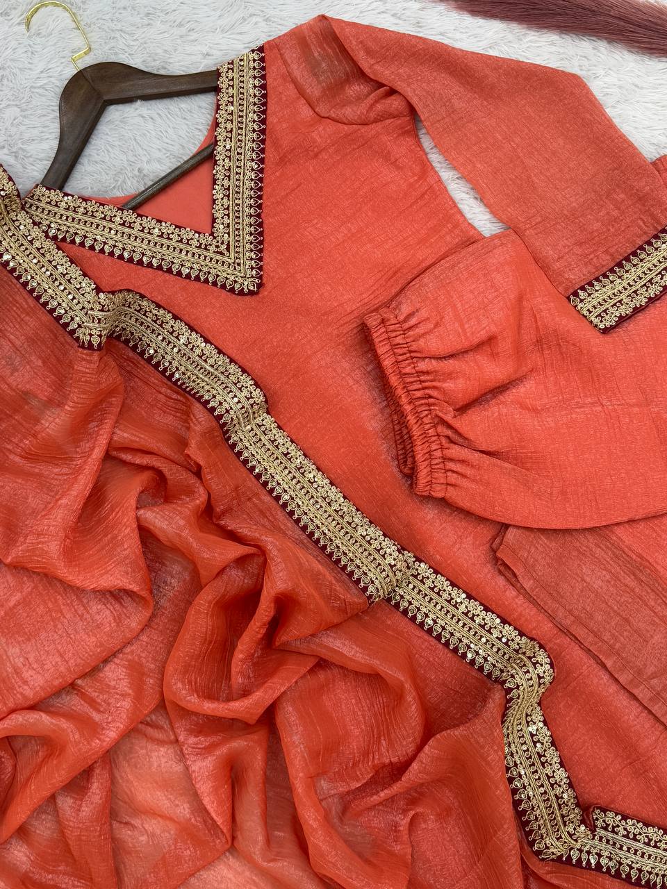 Outstanding Soft Gold Crush Silk Orange Color Palazo Suit