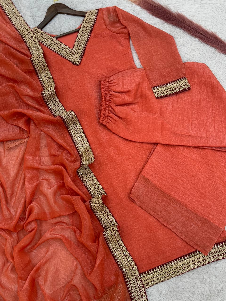 Outstanding Soft Gold Crush Silk Orange Color Palazo Suit