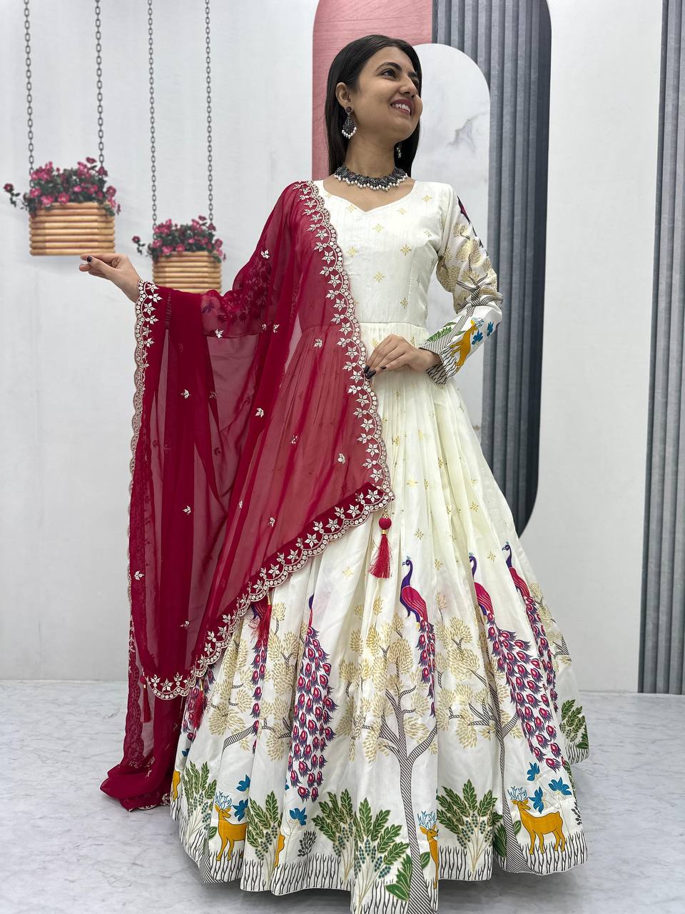 Festive Wear White Color Lehenga Choli With Maroon Dupatta