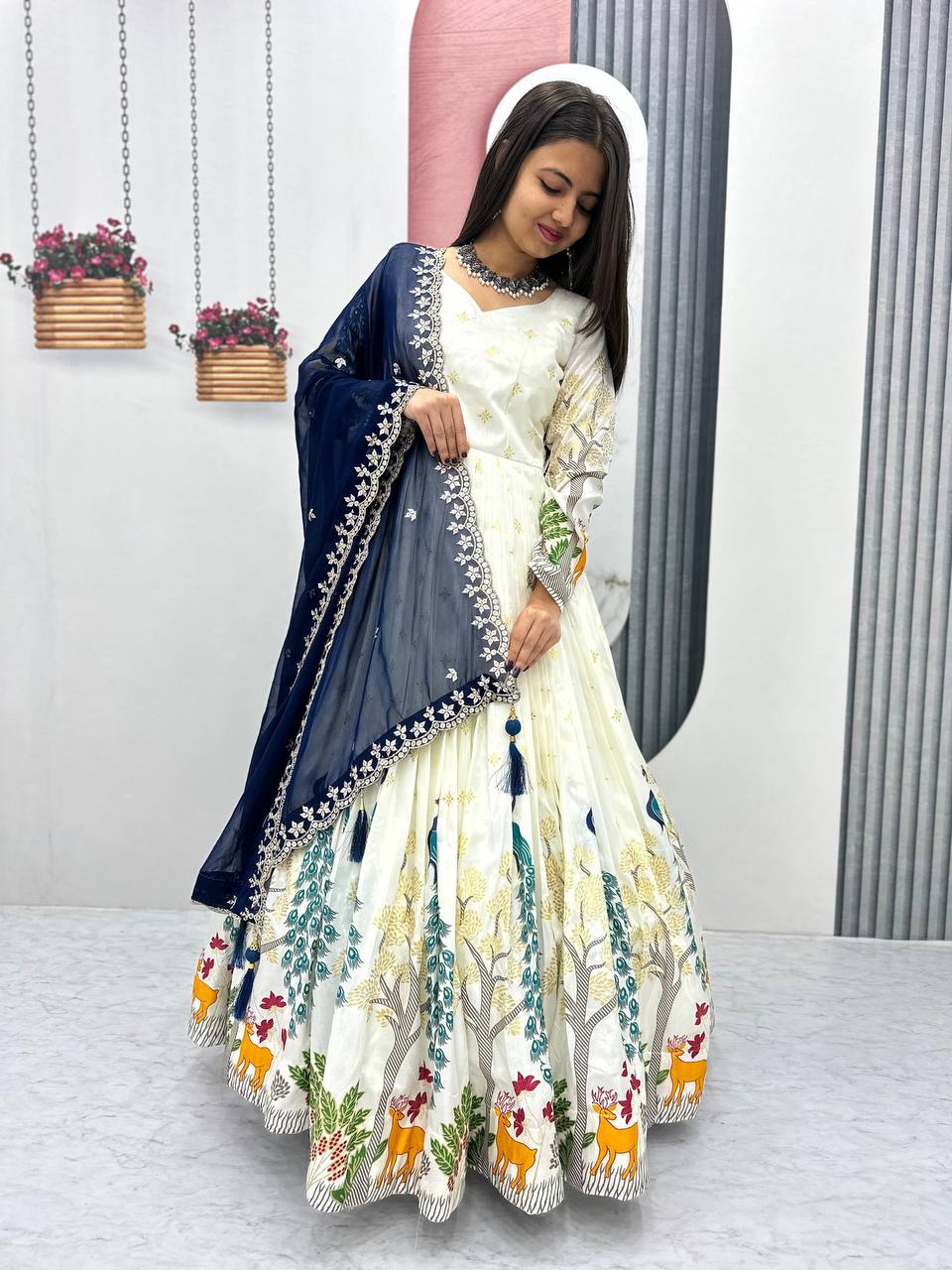 Festive Wear White Color Lehenga Choli With Blue Dupatta