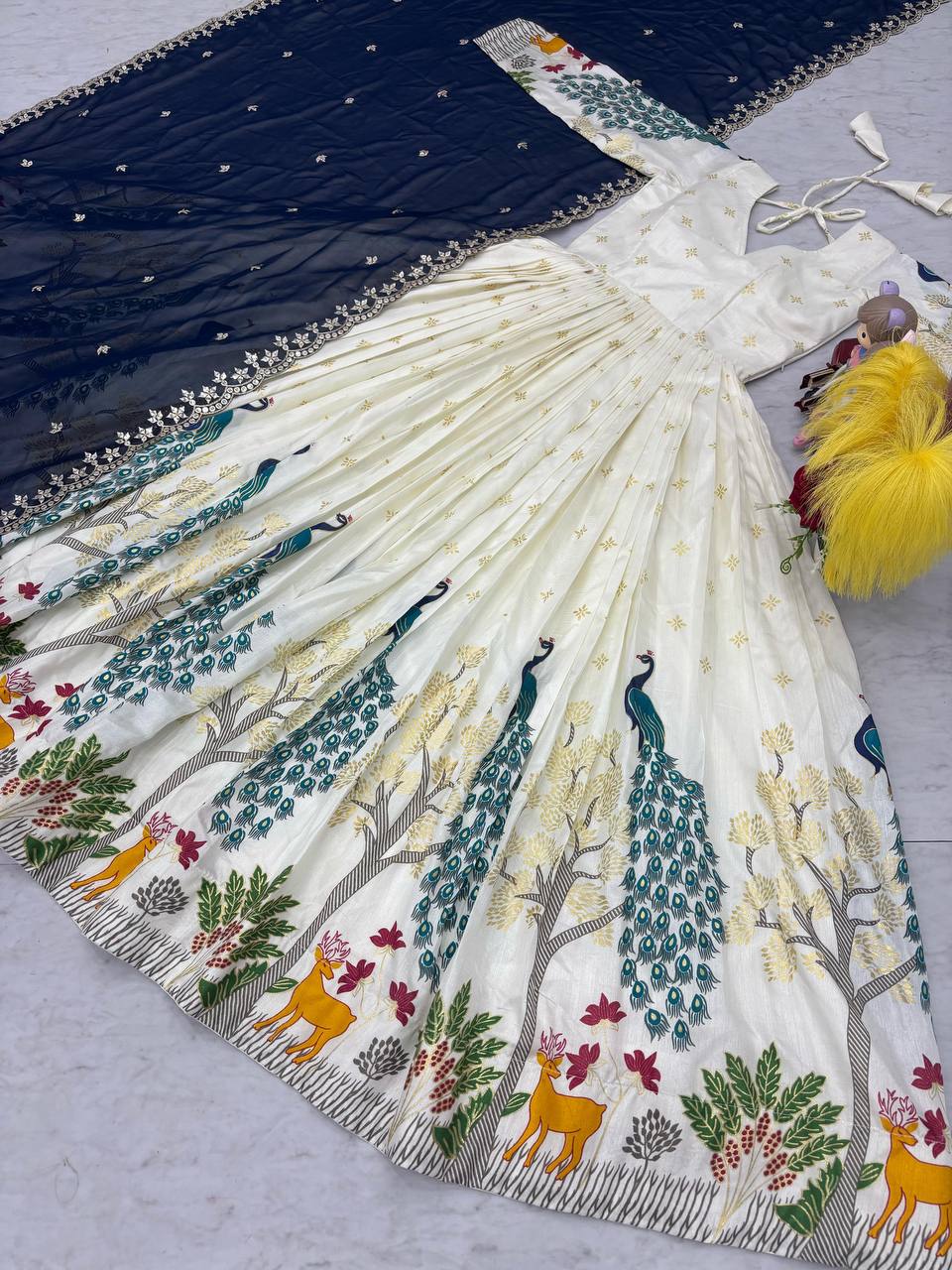 Festive Wear White Color Lehenga Choli With Blue Dupatta
