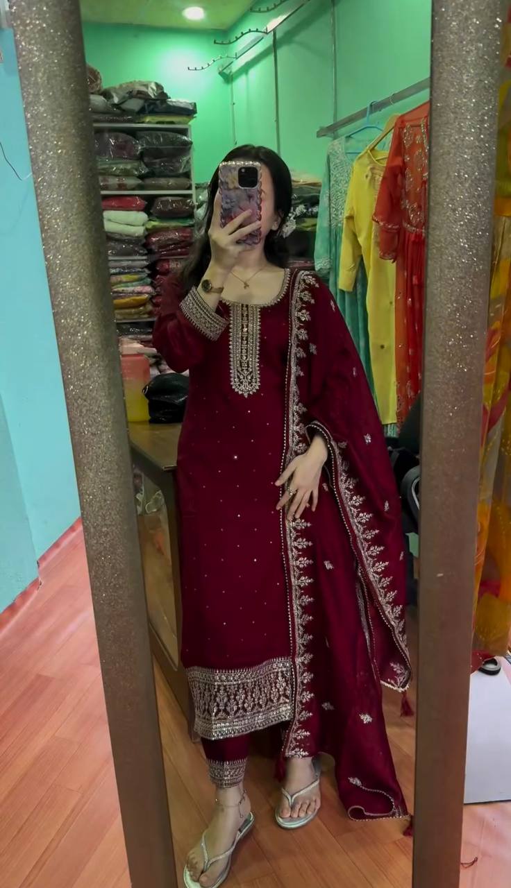 Glossy Chinnon Silk Sequence Work Maroon Color Salwar Suit