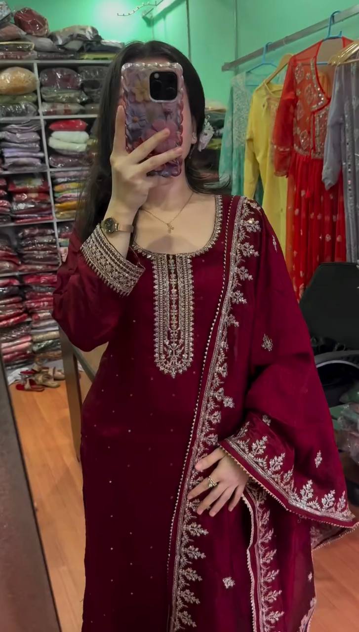 Glossy Chinnon Silk Sequence Work Maroon Color Salwar Suit
