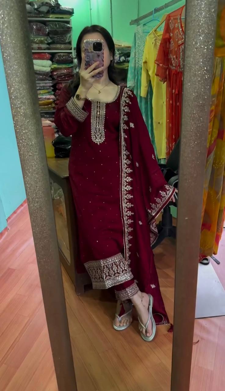 Glossy Chinnon Silk Sequence Work Maroon Color Salwar Suit