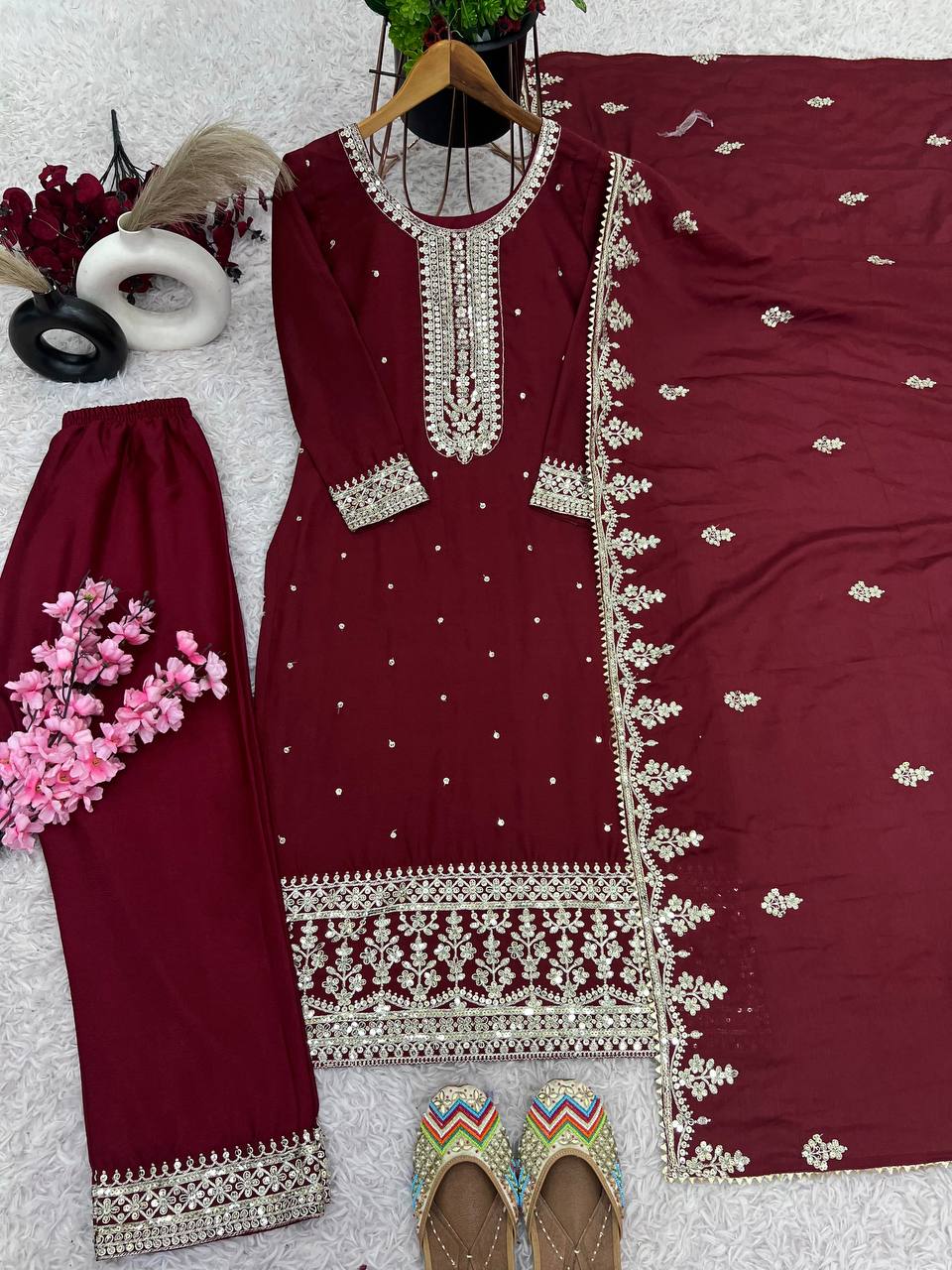 Glossy Chinnon Silk Sequence Work Maroon Color Salwar Suit
