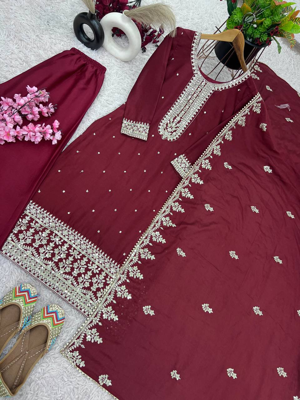 Glossy Chinnon Silk Sequence Work Maroon Color Salwar Suit